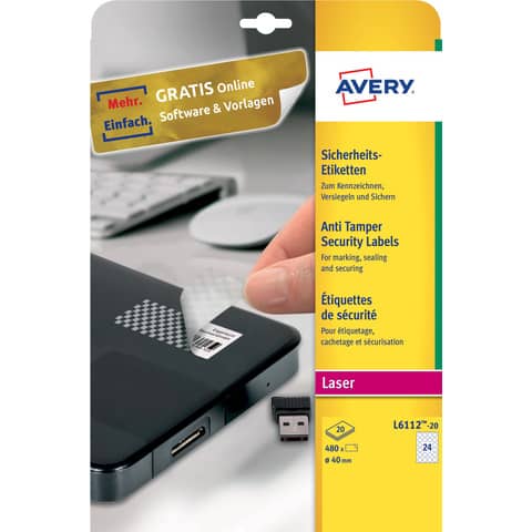 Etichette bianche antimanomissione Avery Ø 40 mm – 24 et/foglio – per stampanti laser – conf. 20 fogli – L6112-20