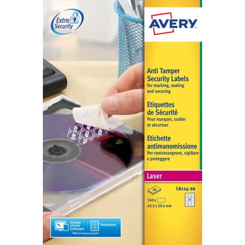 Etichette bianche antimanomissione Avery 63,5×29,6 mm – 27 et/foglio – per stampanti laser conf. 20 fogli L6114-20
