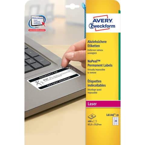 Etichette bianche antimanomissione Avery non rimovibili – 63,5×33,9 mm – 24 et/foglio per laser – cf. 20 ff L6146-20