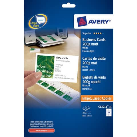 Biglietti da visita personalizzabili Avery Quick&Clean™ 85×54 mm 10/foglio opachi per laser – conf. 25 ff C32011-25