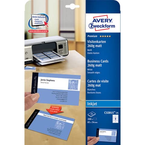 Biglietti da visita personalizzabili Avery Quick&Clean™ 85×54 mm 8/foglio patinati per inkjet – cf 25 ff C32015-25