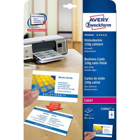 Biglietti da visita personalizzabili Avery Quick&Clean™ 85×54 mm 10/foglio satinati – laser – cf. 25 ff C32016-25