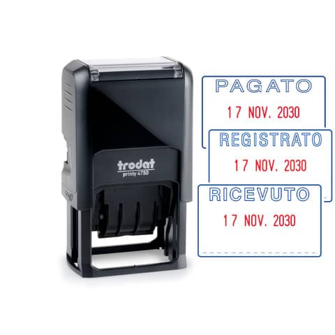 Datario con testo PAGATO TRODAT PRINTY ECO 4750/L2 in plastica 41×24 mm blu-rosso – 141062