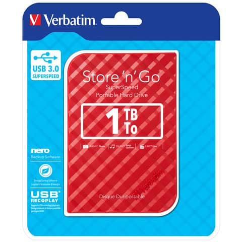 Hard Disk Esterno Verbatim Store ‘n’ Go USB 3.0 1 TB rosso – 53203