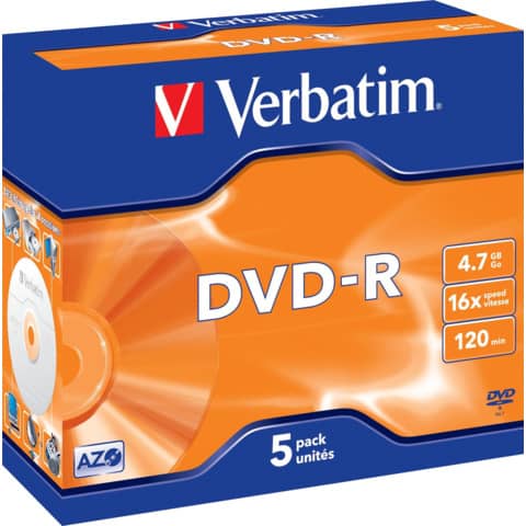 DVD-R Verbatim Jewel Case 4.7 GB – velocità 16x conf. da 5 – 43519