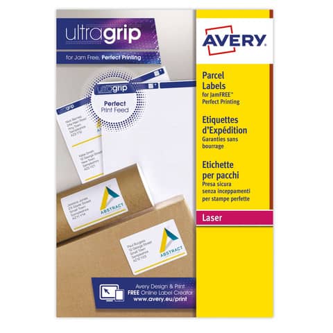Etichette bianche per indirizzi AVERY Ultragrip™ 199,6×143,5 mm – 2 et/foglio stampanti laser – cf. 15 fogli L7168-15