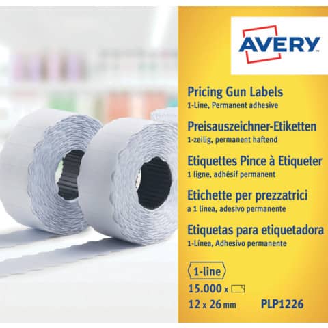 Etichette permanenti per prezzatrici 1 linea Avery 12×26 mm bianco – Conf. 10 rotoli da 1500 etichette – PLP1226