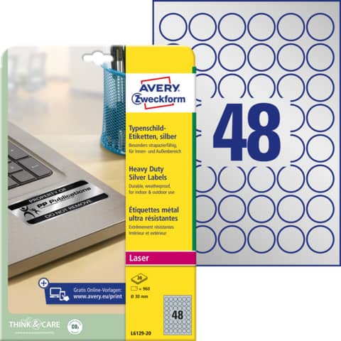 Etichette permanenti poliestere argento Avery Ø 30 mm – 48 et/foglio – laser monocolore – conf. 20 ff L6129-20