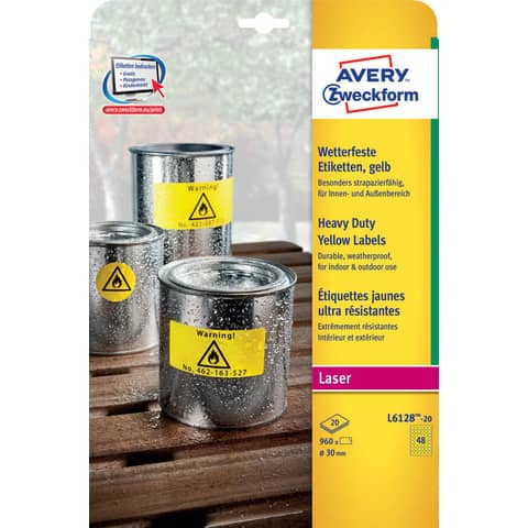 Etichette permanenti poliestere giallo Avery Ø 30 mm – 48 et/foglio – per stampanti laser – cf. 20 fogli L6128-20