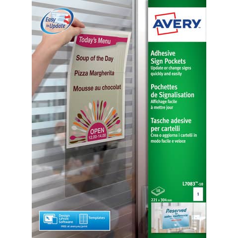 Tasche adesive Avery per fogli A4 trasparente 1 et./foglio Conf. 10 fogli – L7083-10