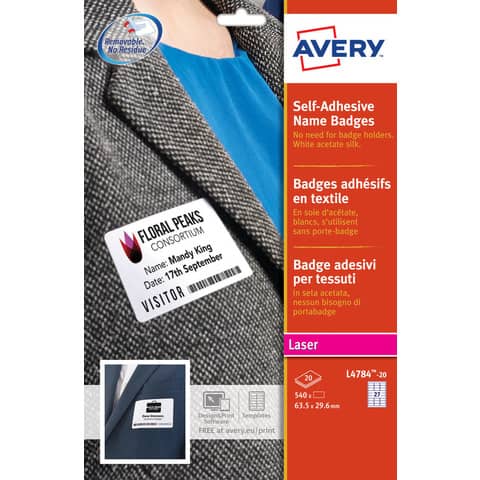 Badge adesivi in seta acetata AVERY 63,5×29,6 mm 20 fogli – L4784-20
