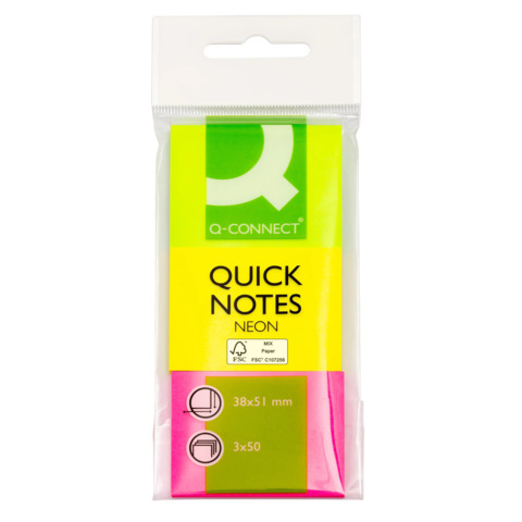 Foglietti riposizionabili Q-Connect Neon assortiti 38x51mm blister 3 blocchetti da 50 – KF01224