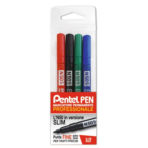 Marcatore permanente Pentel N50 Slim punta conica 3,18 mm assortiti 4 pezzi – 0022066