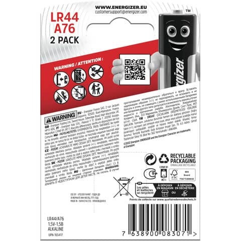 Batterie alcaline a bottone ENERGIZER LR44/A76 conf. da 2 – E301536600