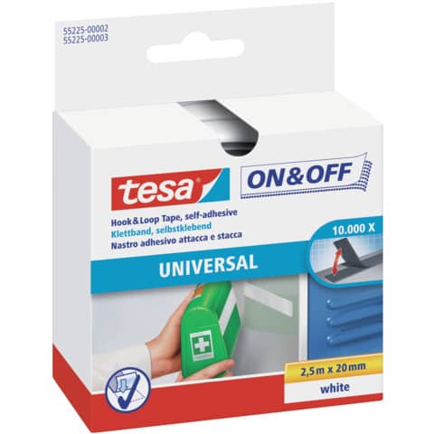 Nastro adesivo in tela tesa velcro On&Off universale autoadesivo bianco 20 mm x 2,5 m – 55225-00002-01