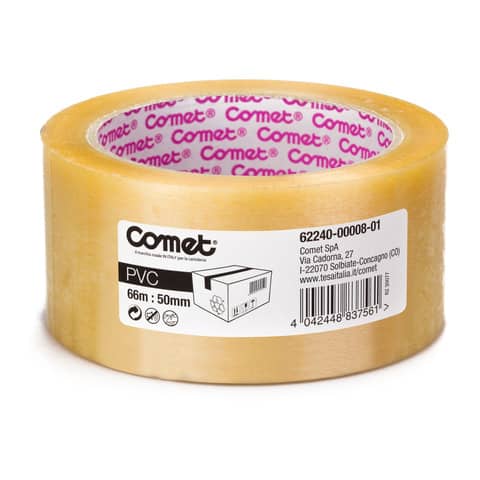 Nastri adesivi per la spedizione Comet in PVC con adesivo in gomma naturale 50 mm x 66m trasparente – 62240-00008-01