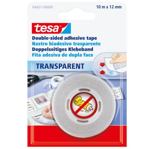 Nastro biadesivo tesa OPP trasparente in polipropilene e adesivo hot melt 12 mm x 10 m – 64621-00000-07