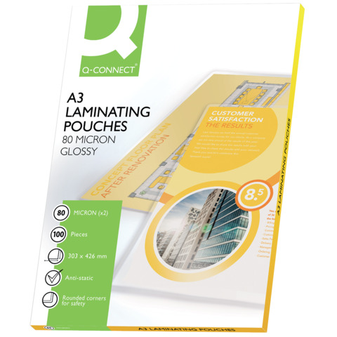 Pouches per plastificatrici Q-Connect 2×80 µm finitura lucida A3 Conf. 100 pezzi – KF04122