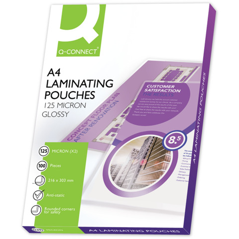 Pouches per plastificatrici Q-Connect 2×125 µm finitura lucida A4 Conf. 100 pezzi – KF04116