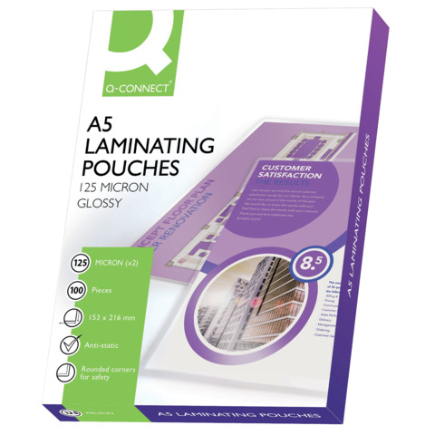 Pouches per plastificatrici Q-Connect 2×125 µm finitura lucida A5 Conf. 100 pezzi – KF04108