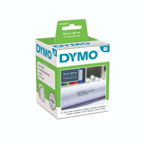 Rotoli da 260 etichette Dymo LabelWriter Indirizzi Estesi 89×36 mm bianco confezione da 2 rotoli – S0722400