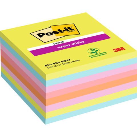 Foglietti Post-it® Super-Sticky Notes 76×76 mm assortiti arcobaleno – conf. 8 blocchetti da 45 ff – 654-8SS-RBW-EU