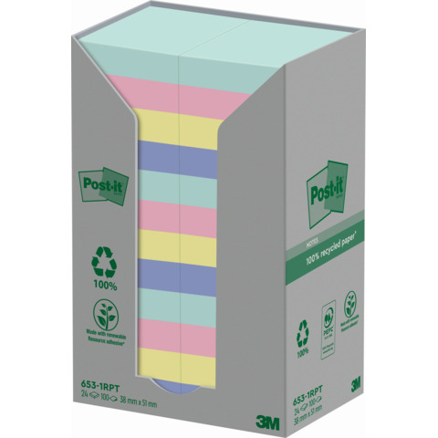 Foglietti Post-it® Notes in carta riciclata assortiti pastello conf. Torre da 24 blocchetti da 100 ff – 653-1RPTN