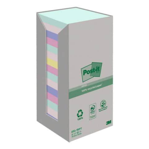 Foglietti Post-it® Notes carta riciclata 76x76mm assort pastello Torre da 16 blocchetti da 100 ff – 654-1RPT