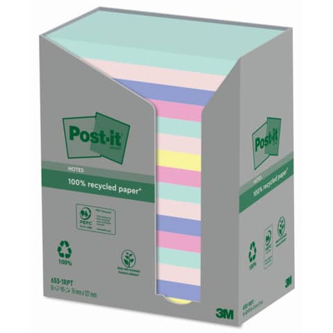 Foglietti Post-it® Notes 76×127 mm carta riciclata assortiti conf. torre da 16 blocchetti da 100 ff – 655-1RPT
