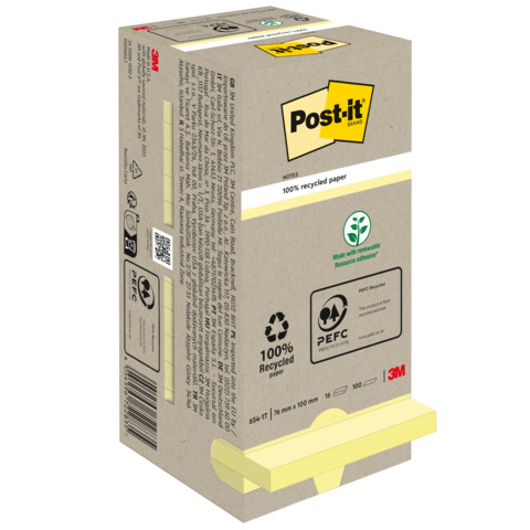 Foglietti Post-it® Notes Giallo Canary™ 76×76 mm carta riciclata Torre da 16 blocchetti da 100 ff – 654-1T