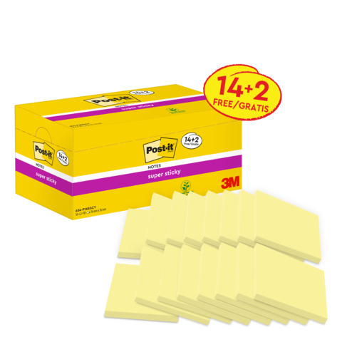 Foglietti Post-it® Super Sticky Giallo Canary™ cf 14 blocchetti + 2 gratis da 90 ff – 654-P16SSCY-EU