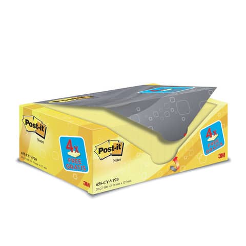 Foglietti riposizionabili Post-it® Notes giallo Canary™ 76×127 mm Value Pack 16+4 blocchetti GRATIS – 655-VP20