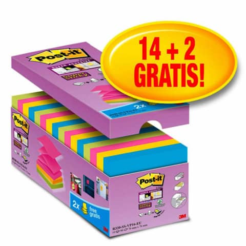 Foglietti Post-it® Super Sticky Z-notes assortiti conf. 14 blocchetti + 2 gratis da 100 ff – R330-SS-VP16-EU