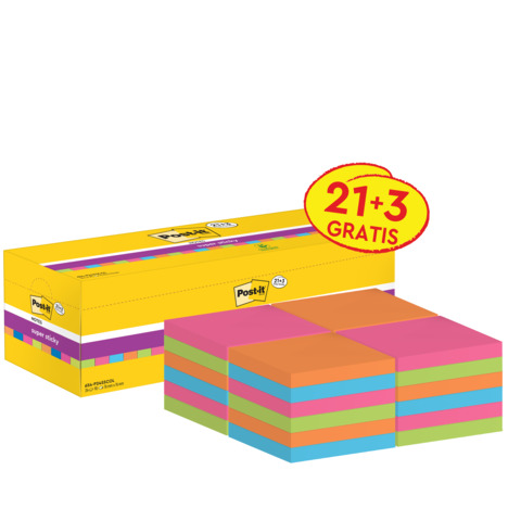 Foglietti Post-it® Super Sticky 76×76 mm colori assortiti neon Value Pack 21+3 blocchetti GRATIS – 654-P24SSCOL-EU