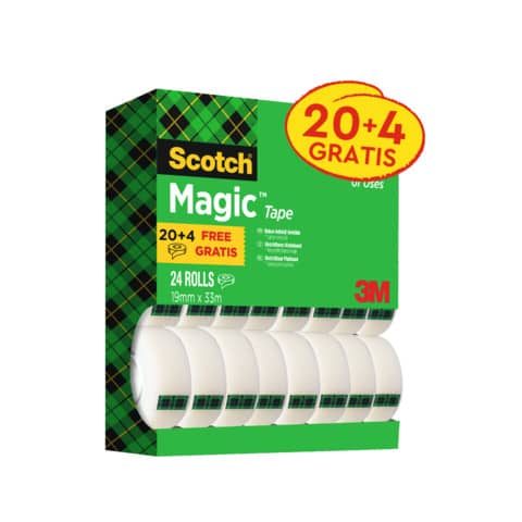 Nastro adesivo Scotch® Magic™ 810 19 mm x 33 m trasparente opaco Value Pack 20 rotoli + 4 GRATIS – 8-1933R24TPR
