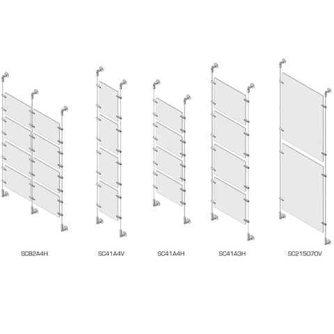 Sist. a cavetto 8 pannelli porta-avvisi Tecnostyl A4 in acril. 70×4,5×400 cm con viti+tass. fiss.a parete silver-SC82A4H