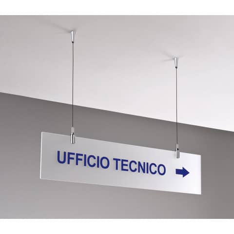 Targa sospesa in acrilico bisatinato 60×15 cm Tecnostyl con cavetti per fissaggio soffitto silver/bianco- TS6015