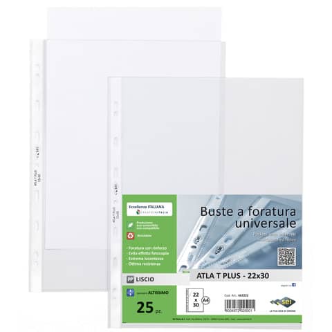 Buste in PP liscio Sei Rota Atla T Plus altissimo spessore trasparente 22×30 cm conf. 25 buste 662222