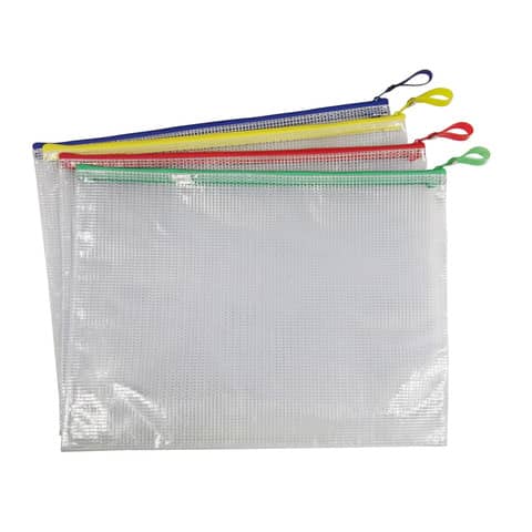 Busta in PVC Beautone trasparente con chiusura zip colorata 32,5×24 cm assortiti – D066099