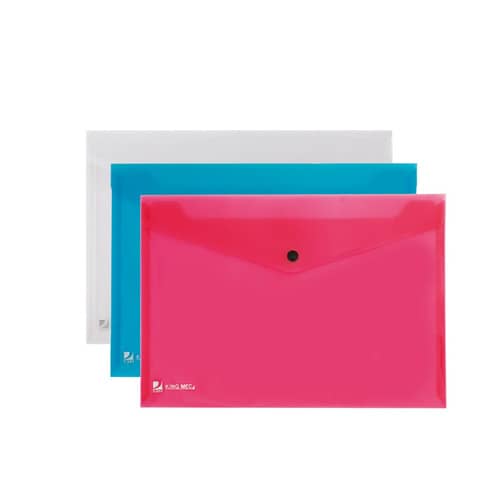 Buste con bottone King Mec Pull A4 21×29,7 cm assortiti blu, rosso e trasparente – 111355