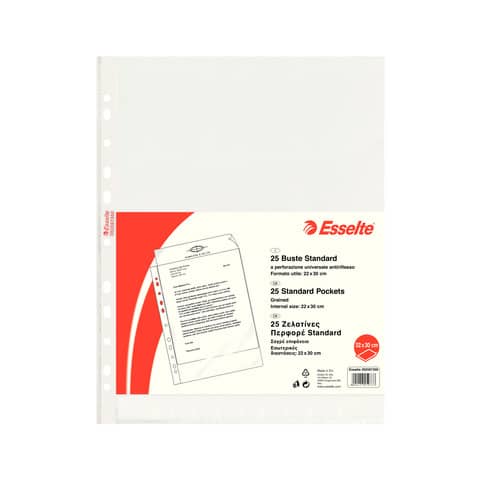 Buste a perforazione universale goffrate Esselte STANDARD PP antiriflesso 22×30 cm conf.25 – 392597300