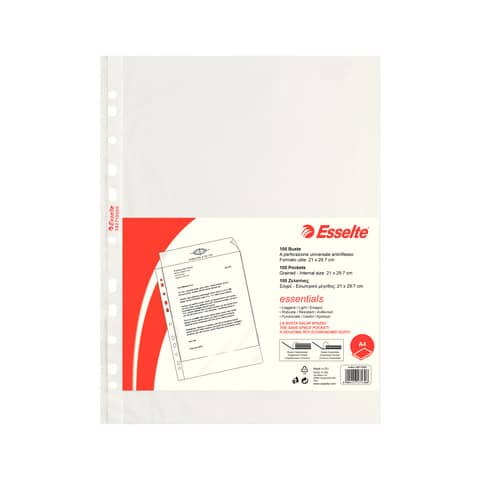Buste a perforazione universale goffrate Esselte ESSENTIALS PP antiriflesso trasparente A4  conf.100 – 392713000