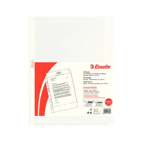 Buste a perforazione universale goffrate Esselte ESSENTIALS PP antiriflesso 22×30 cm conf.100 – 392797000