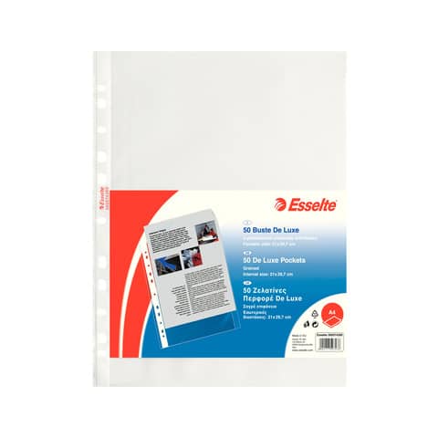 Buste a perforazione universale goffrate Esselte DELUXE 21×29,7 cm trasparente antiriflesso  conf. da 50 – 395074300