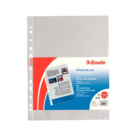 Buste a perforazione universale goffrate Esselte DELUXE 22×30 cm trasparente antiriflesso  conf.50 – 395097600