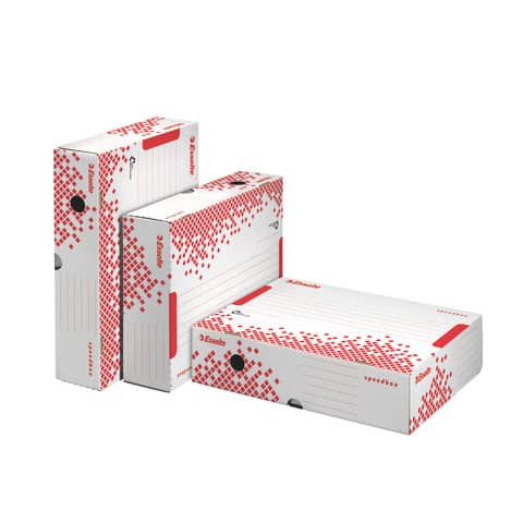 Scatola archivio Esselte SPEEDBOX dorso 8 cm bianco/rosso 8x25x35 cm – apertura ampia – 623910