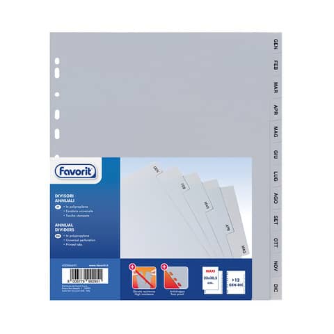Divisore annuale Favorit 12 tacche GEN-DIC – 23×30 cm grigio 400006692