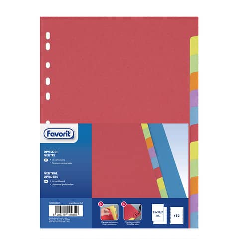 Divisore in cartoncino Favorit 12 tacche neutre colorate 21×29,7 cm assortiti 100204882