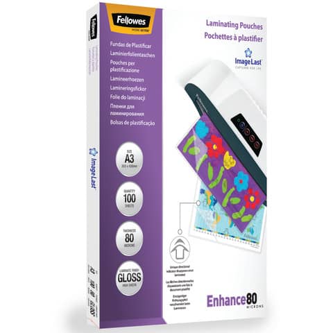 Pouches per plastificatrici Fellowes ImageLast Enhance80 finitura lucida – 2×80 µm – A3 – Conf. 100 pezzi – 5306207