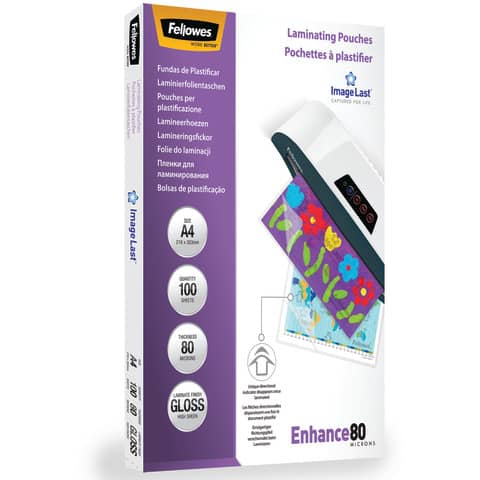 Pouches per plastificatrici Fellowes ImageLast Enhance80 finitura lucida – 2×80 µm – A4 – Conf. 100 pezzi – 5306114